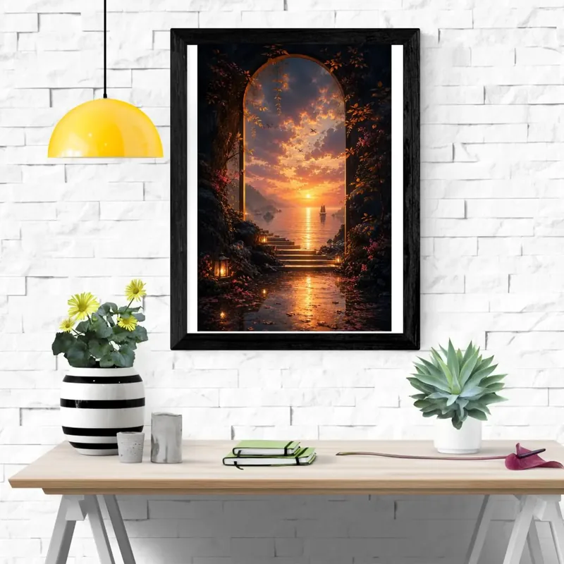 Golden Arch Sunset — coastal printable wall art with a golden ocean arch
